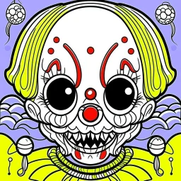 create a 2d black outline, " kawaii psycho clown coloring book for kids", coloring page, low details design, black contour, coloring page design, colorful , card style, coloring page for kids, halloween backgorund,sketch style,