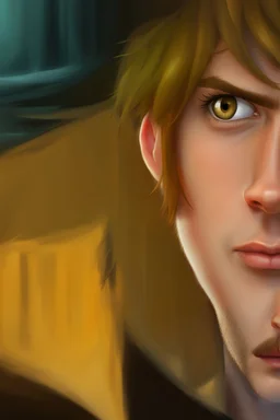Redraw the cartoon character and fix the image resolution His hair is brown and long, but messy. His lips are closed, showing his bravery. His eyes are lined, showing his determination. He has shadows under his eyes, showing his stress and convert the drawing view 3D panel style digital Painting detailed with a panoramic scene Ultra-wide angle Highly realistic precise details Detailed