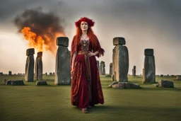 Full body shot of a tall slim red-headed young woman, dressed like a gipsy, standing in front of Stonehenge in a flaming circle