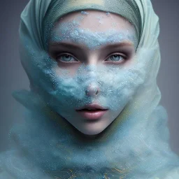 clouds of fog as woman's face, dissolving, disintegrating, wearing blue hijab, fine detail, highly intricate, wearing blue hijab, modern surrealism painting, high-quality, volumetric lighting, 8k, ultrahd, George Grie, Marco Escobedo, Igor Morski,Brian Froud, Howard Lyon, Selina French,