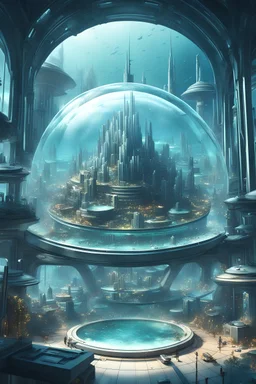 a digital illustration of a futuristic city under the ocean, a glass dome over the top, matte painting, detailed, high quality, 4k