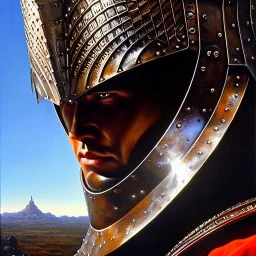 portrait of 'Guts-Berserk',ancient metal armor,painting by Earl Norem, simon Bisley, evan lee, 86-86, oil on canvas, cinematic composition, extreme detail,fit full head inside picture,8k