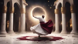 Hyper Realistic Sufi Whirling on stone floor with maroon & Golden Islamic Sufi Rustic Grungy Background outside white marble Islamic monument at dark night, heavy-fig with stars on sky showing dramatic & cinematic ambiance.