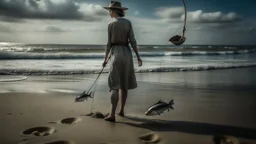 a woman walks some fish on a leash on the beach, the fish swim in the air, bizarre, surreal, weird,