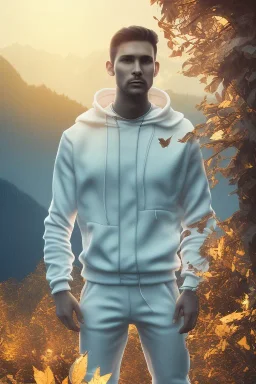 running men portrait , white jogging suite , in the sunset Alps, golden light , holding leaves and flowers , angels background, volumetric light, high detail, dark leaf tree, dark mountains in background, perfect