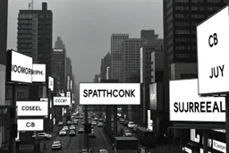 greyscale cityscape: many large white billboards populate the city with black block lettering with single word choose randomly between: "BIOMORPH" || "CB" || "SPATCHCOCK" || "TANGUY", || "SURREAL". || 'They Live' movie still, city panoramic, concept art, subliminal messaging