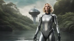 Middle-aged woman with blond hair in a robotic silver catsuit, standing on the right of a partially submerged sleek spaceship, on an alien beach, with alien trees