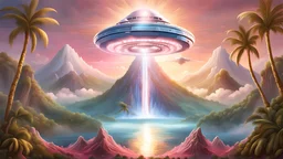 astronave di metallo blu con tanti oblò e boccaporti, che emette fasci di luce, che esce da vulcano su isola tropicale, con cristallo oro nel centro, vulcano, celeste, argento, rosa, oro, cascate, alberi tropicali, raggi di luce, dettagli intricati, dettagli decorativi