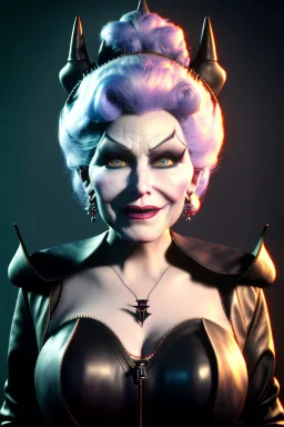 Mae West as evil queen in black leather, leather, busty, cleavage, angry, stern look. character design by cory loftis, fenghua zhong, ryohei hase, ismail inceoglu and ruan jia. unreal engine 5, artistic lighting, highly detailed, photorealistic, fantasy