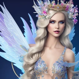 Fantasy fairy with transparent wings, smiling, make up, long platinum blond hair with crown and flowers, blue dress, flower background