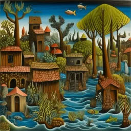 A brown underwater village made out of coral designed in African pottery painted by Henri Rousseau
