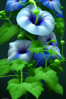 three Blue morning glory with green leaves, arranged vertical, a digital rendering by Kanzan Shimomura, photo realistic rendered in maya and daz3d, with a dark blue background