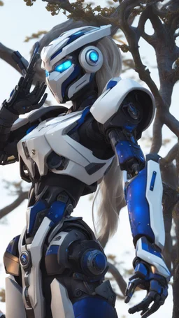 A close picture to Ramattra in front a full moon tree, future suit ,black mask, robe, blue fire eyes, white body , future mechanical, Mechanical body, mechanical arm,transformers details, mechanical details, details mechanical arm, blue glowing machine details