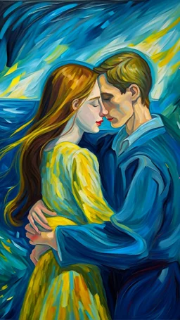 Side profile of a teenager with her aspirations behind her standing . Holding her boyfriend hugging with love and romance,Opulent Van Gohn style painting,