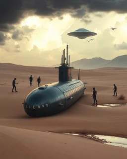 A nuclear submarine left in the desert with sands and a little water and stormy clouds ,moved by a ufo spaceship and aliens are surrounding the submarine examining