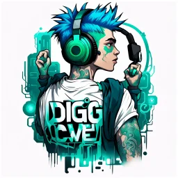 -shirt design, cyberpunk, art boys for style tattoo, blue green hair, headphone, with text "digi & crew". Grafity style. White background.