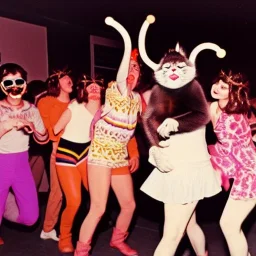 1980s photo of new year's party monkey with dancing cats