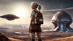 A photorealistic image of a slender 60-year-old woman, in brown shorts, a shirt and boots, with a backpack, standing on a hill looking down on a futuristic derelict sci-fi spaceport with spaceships and alien buildings.