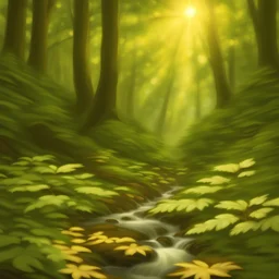 Within a serene forest glade, shafts of golden sunlight filter through the dense canopy, casting dappled patterns upon the forest floor. A gentle breeze stirs the leaves, creating a soft rustling sound that harmonizes with the distant song of a hidden brook.