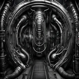 Photorealistic industrial edge, Giger style, Despain hyperbaric chamber, maximalism, weird