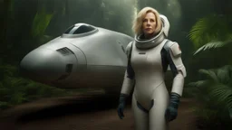 An ultrawide-angle, photorealistic image of an adventurous, slender, fifty-year-old woman from the future, dressed in a tailored, full-body spacesuit, stands to the right of her huge, wide, wingless cargo spaceship. Her uncombed, blond hair has bangs. Standing on a metal box in a jungle clearing.