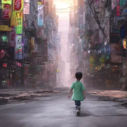 behind photo A young boy walking streets of megacities, tokyo post apocalyptic