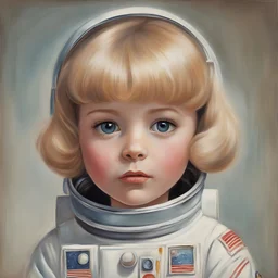 1960s, blond Little girl , astronaut,, l,ong hair, , in the style of Margaret Keane