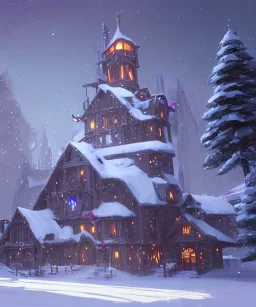 A magical snowy warlock castle in Christmas