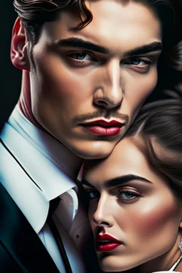 The cover features a stunning, hyper-realistic photograph with a sharp focus on the detailed attire of the mafia boss—a tailored suit exuding power and sophistication. Beside him stands the beautiful girl, her gradient lips and rosy cheeks captured in exquisite hyper-realism, their expressions evoking emotions of passion and depth. The white background accentuates the characters' striking appearances and the fine details of their outfits, creating an aesthetic contrast.