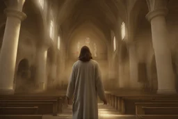 4k full realism, full details, full lights, Jesus fait une figure de skateboard dans une église.