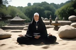 [very impressive high res masterpiece in Kodak Eastman 5247, bokeh scene by Stanley Kubrick] a gangsta nun covered by tattoos faces the camera, meditating in the lotus position on a rock outside, under the sun. The serene setting of a sunny zen garden surrounds her, the sand meticulously raked in intricate patterns.