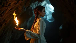 a woman with brown braided hair in profile in a scary cave, holding a flame in her palm in a white vintage long-sleeved nightgown, the inside of the cave is illuminated by the flame, close shot, detailed, high realistic, perfect photo, dramatic, dark fantasy