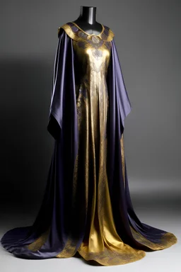 فستان محجبات طويل واسع به اكمام واسعه تغطي الذراع وفتحة الرقبه هاي ولونه بنفسجي وفضي وبه رسومات فضي وذهبي اللون