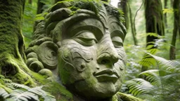 large stone carving of a face in the forest