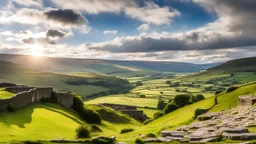 View in the Yorkshire Dales with beautiful clouds, late afternoon sunshine, stone walls, hills and valleys, river, calm, peaceful, tranquil