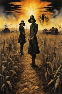 Modern horror Movie poster for text "BLACK LUNG HAY FEVER" by Drew Struzan, author text "S.E. CASEY", small dusty midwester farm town set barren field afire to exorcise the spirits of two sinister scarecrows whose profiles can be seen in the distance in an X shape, eerie, uncanny, ghastly surreal horror, digital collage art. photo layering effect, dramatic, text "BLACK LUNG HAY FEVER"