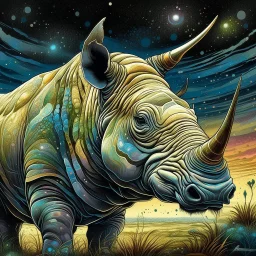 Iridescent Art Nouveau painting by Jean Baptiste Monge, Victor ngai, featuring a (close-up African rhinoceros in a Serengeti grassland) at night}, luxurious silk texture, pale watercolor blend, ink splatter gouache, golden foil detail, Japanese Mokuhanga art. Detailed wrinkled rough epidermis and a weathered tusk