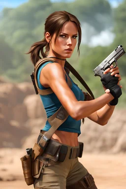 Realistic photo of young Lara Croft Tomb Raider character holding a pistol with a battlefield in the background