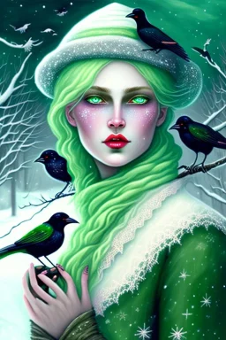 Friendly witch, playing with crows, perfect eyes, pastel colours light green, snow, style Elisabeth Kreitz