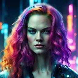 science fiction scene like cyberpunk. Ruth Wilson, long colorfull hair ultrarealistic