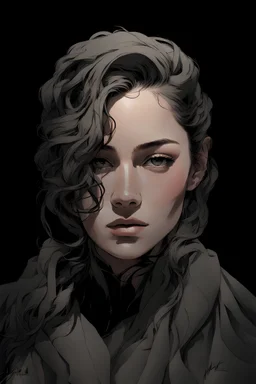 Portrait of a young woman with black wavy hair flowing down. Include a short black horn on the right side of her forehead, which makes it distinctive. include gray eyes, with a tanned skin complexion. Draw the portrait in the style of Yoji Shinkawa. Make the portrait have no colors, only black and white.