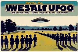 bumper sticker design, westall in bold heading text ufo 1966, lots of school children looking up in a field, mysterious cool, bold