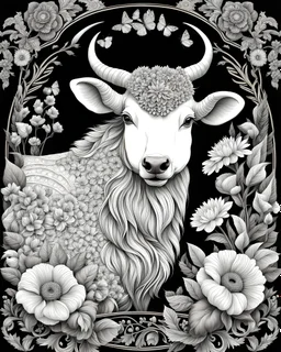 black and white coloring book style Image of animals's farm, line art style with florals highly detailed, very intricate, full body portrait.