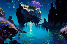 rocky cliff, vegetation, galaxy, infinite, cosmos, people, water reflection, sci-fi, otto pippel impressionism painting