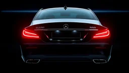 Full view of the rear view of a black Mercedes-Benz CLS 550 with bright neon lights on a black background