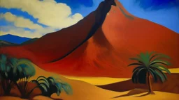 A brown desert dune near a mountain designed in African pottery painted by Paul Gauguin