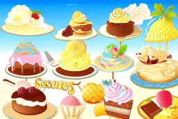 desserts in sunshine: ice cream sundaes, cakes, chocolates, macarons, floss candy, cookies, biscuits