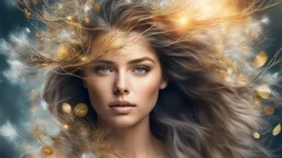 collage Portrait of a WOMAN made of magical objects, Loose hair continues in the form of branches, Double exposure, Nature, Gold and silver luminescent, fluffiness, Wind, multi-layered, Glow, Glare, Warm shades, Airiness, blending, textured, 3D, 8K, best quality, fine rendering, high detail, hyperrealism, high resolution, high definition, multi-layered, highest focus, hyper sharpness, hyperfocus,
