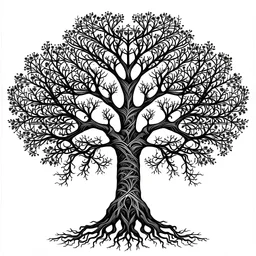 A Chinese symmetrical tree, the trunk of the tree is drawn with black lines. The tree fits completely
