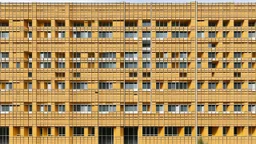 Una fachada modular compuesta por compartimentos repetidos, cada uno con una ventana cuadrada y un panel liso, color ocre uniforme que unifica toda la superficie, perspectiva exactamente frontal que convierte el patrón en ritmo abstracto, ausencia de contexto urbano, atmósfera de maqueta conceptual y orden extremo